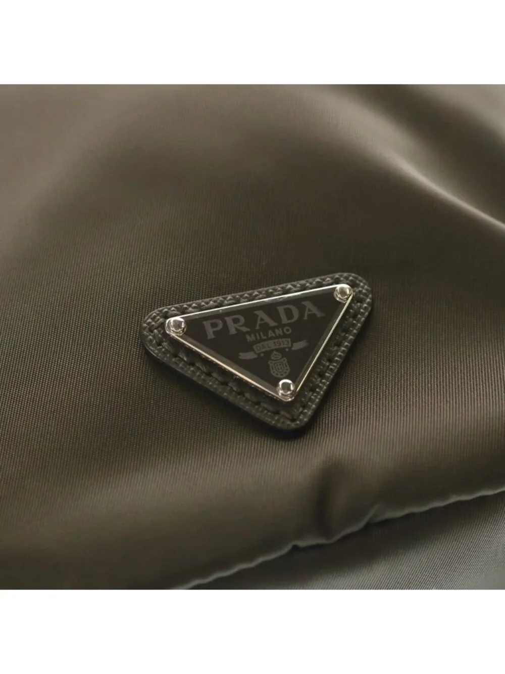 Prada Re-Nylon Speedlock Pouch Drawstring Leather Khaki Silver